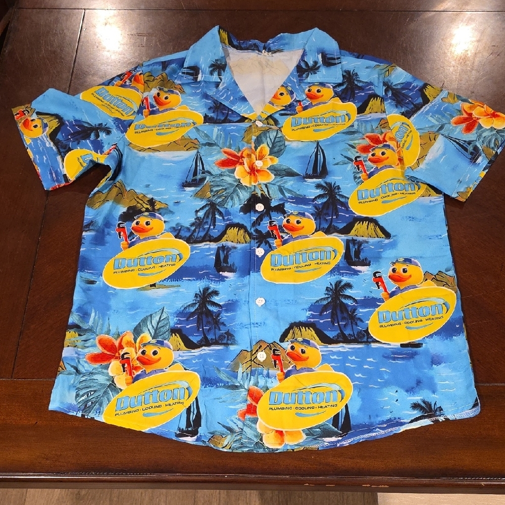 (J57)  Blue and Yellow Duck Print Casual Button Down Shirt Sz M